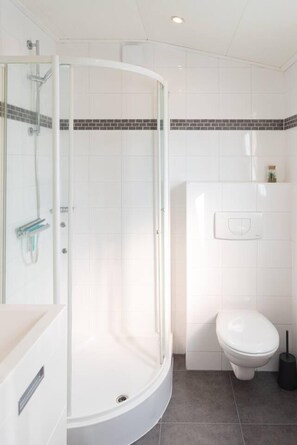 Ein modernes Badezimmer mit Duschkabine, Toilette und Waschbecken.