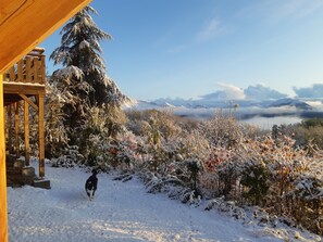 A wooden deck with a view of snow-covered trees and a mountain in the background. - Gîte l'Ancolie in Céuze (MANTEYER)