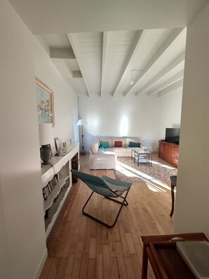 Télévision, lecteur de DVD, table de tennis de table, livres