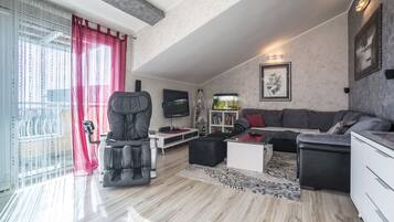 Comfort Apartment | Living area | 42-inch LED TV with satellite channels, TV, fireplace