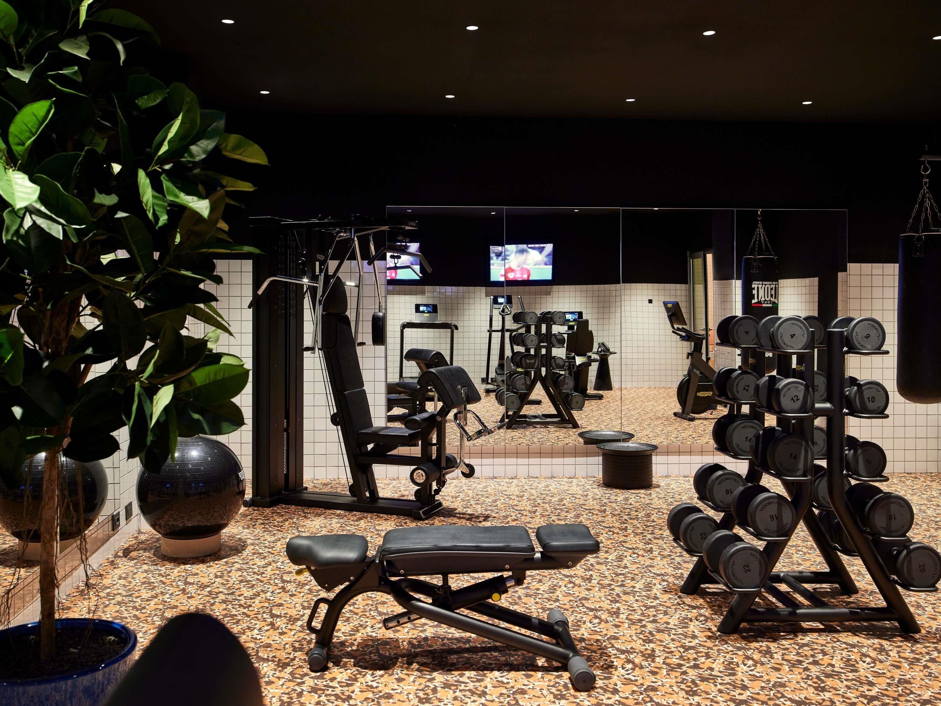 Et fitnessrum med træningsudstyr, et fjernsyn og en potteplante.
