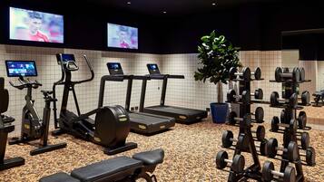 A gym with treadmills, an elliptical, a bench, and weight machines.