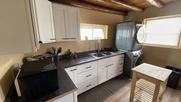 Microwave, coffee/tea maker, cookware/dishes/utensils