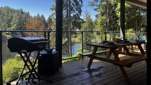 Ett takförsett utomhusområde med ett träbord och stolar, en grill och utsikt över en sjö som omges av träd.