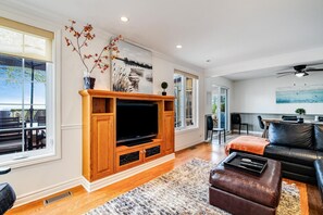 Smart TV, fireplace, DVD player, books