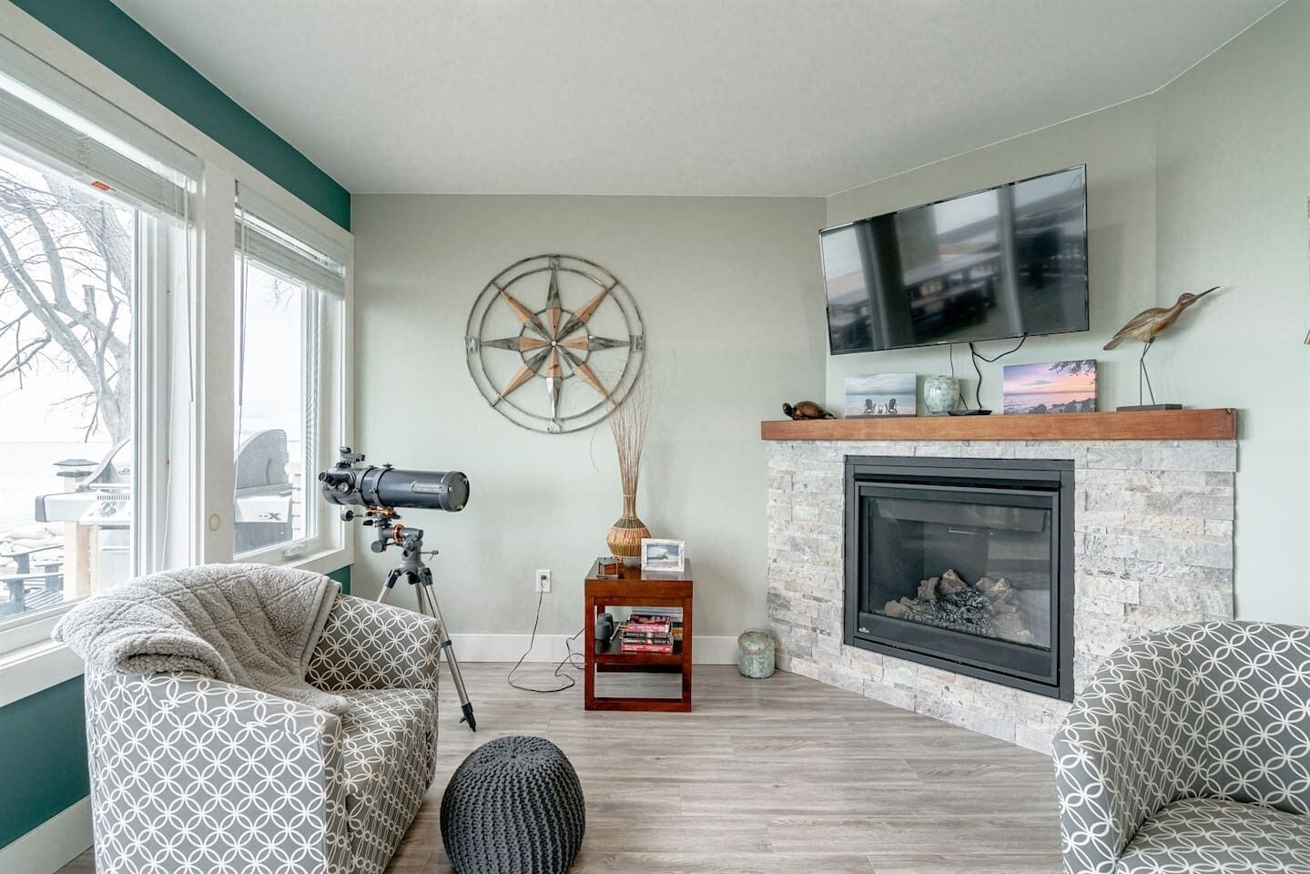 TV, fireplace, books