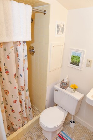 Ein Badezimmer mit Dusche, Toilette und Waschbecken.