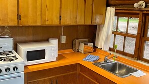 Una cocina compacta con armarios de madera, microondas, tostadora y pileta.