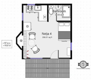 Planta baixa de um apartamento de 4 quartos com área total de 196,52 metros quadrados, incluindo cama de casal, cozinha compacta e banheiro.