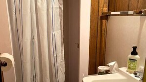 Et lille badeværelse med bruseforhæng, toilet og vask med et spejl over.