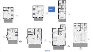 Piantine di diverse camere d'hotel con indicazioni come 'Sauna', 'Lago' e numeri delle stanze.