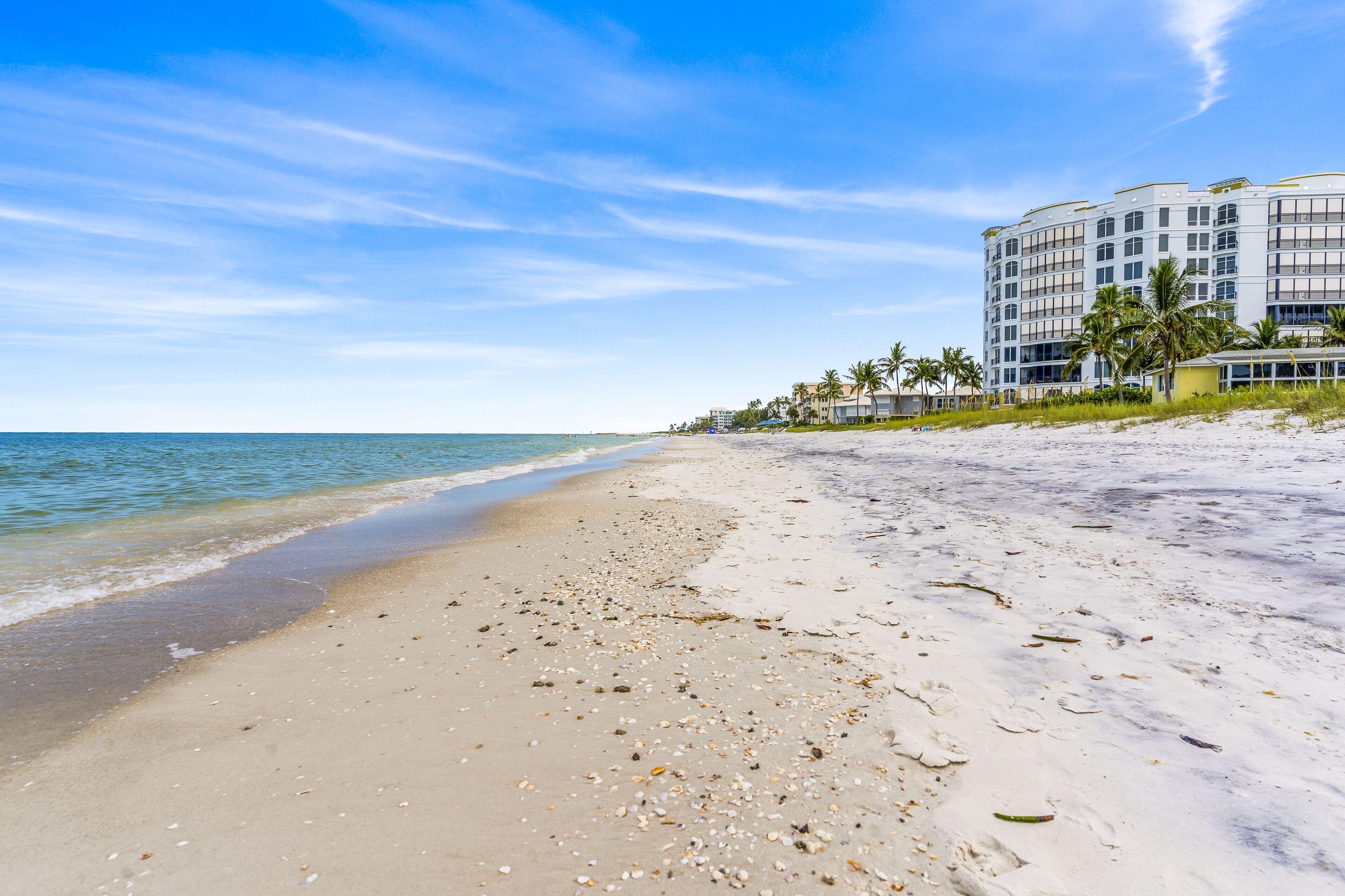 Una playa con un hotel al fondo.