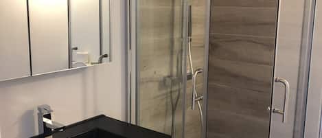 Shower, hair dryer, toilet paper