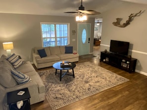 Smart TV, fireplace, DVD player, books