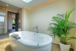 Combined shower/tub, hair dryer, towels, soap