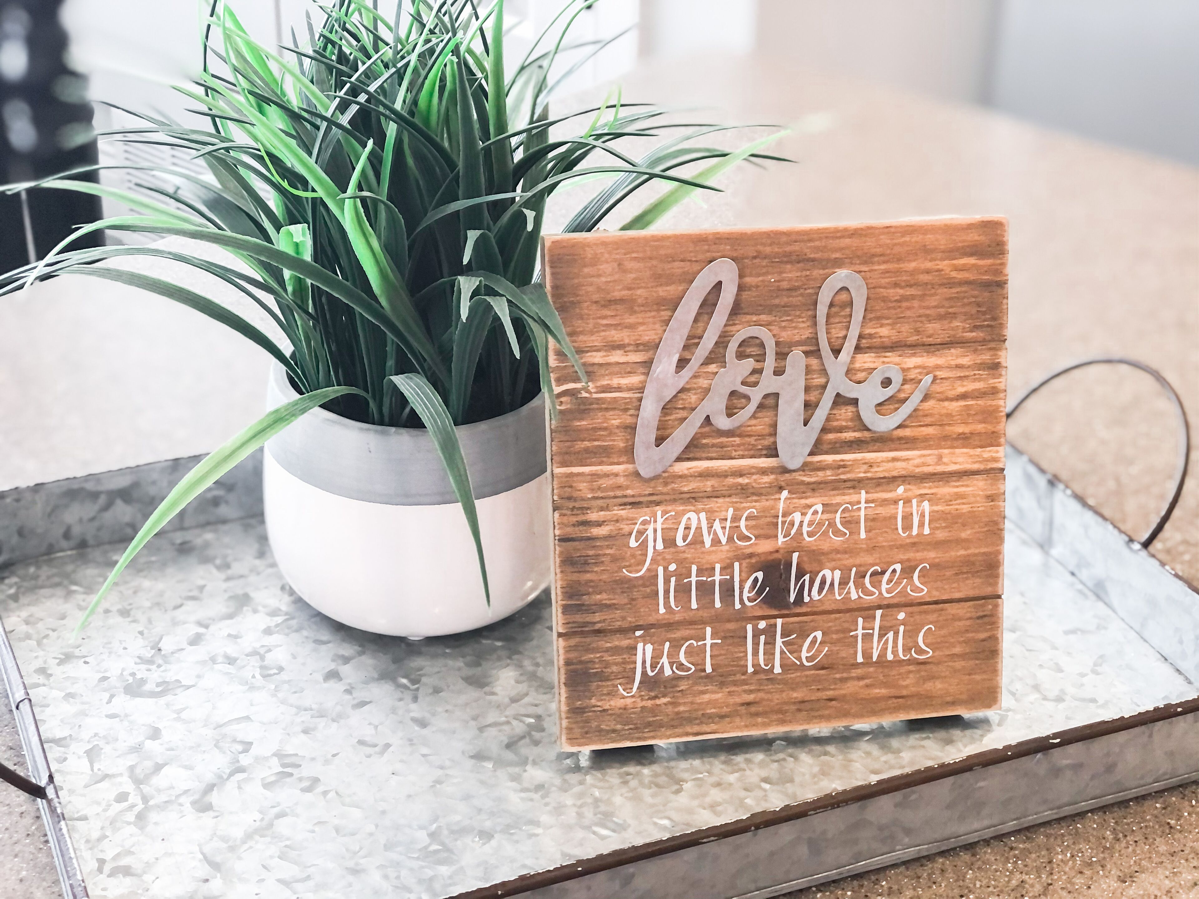A wooden sign with the word "love" and a quote, placed on a tray with a potted plant beside it.