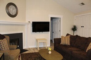 Smart TV, fireplace, books