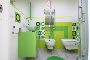 Shower, hair dryer, bidet, towels