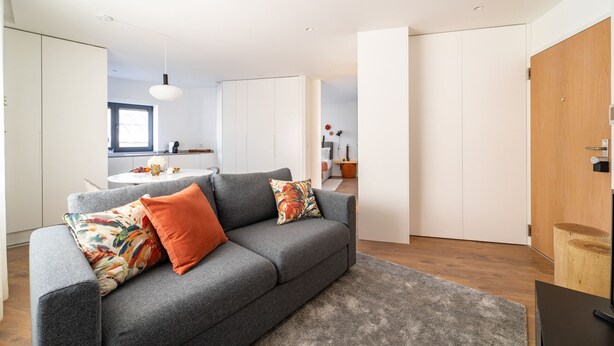 A modern living room with a grey sofa, colorful pillows, a wooden coffee table, and a grey rug.