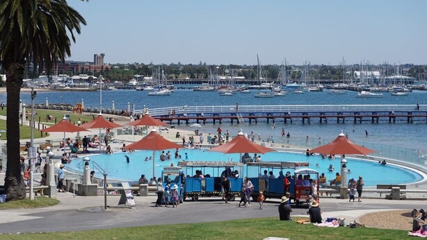 Una piscina pública con servicio de taxi acuático, rodeada de palmeras y un puerto deportivo con barcos.