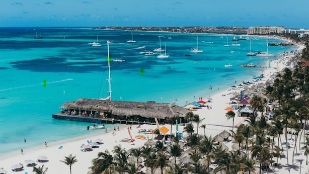 A beach with clear turquoise waters, a thatched-roof structure, and palm trees. - Aruba luxury villa La Casa Piu Bella your home away from home (Noord)