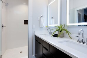 Combined shower/bathtub, hair dryer, towels, soap