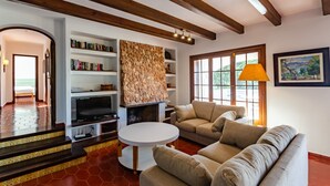 A living room with a fireplace, bookshelves, a sofa, and a TV. - Wonderful Villa “Villa Las Palmeras” with Sea View, Pool, Wi-Fi, A/C, Garden & Terrace (Binibequer)