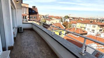 A balcony with a view of a residential area, wooden flooring, and a railing.