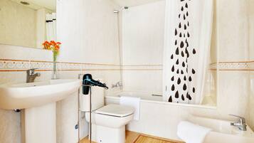 Een bad/douchecombinatie, een bidet