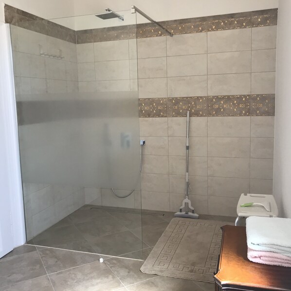 Shower, hair dryer, towels, soap - Modern apartment in a renovated 18th century historic landmark (Rhodt unter Rietburg)