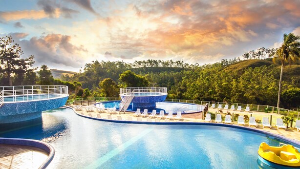 A swimming pool with a water slide, lounge chairs, and a palm tree in the background.