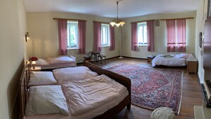 A spacious bedroom with two beds, a large patterned rug, and multiple windows with curtains.