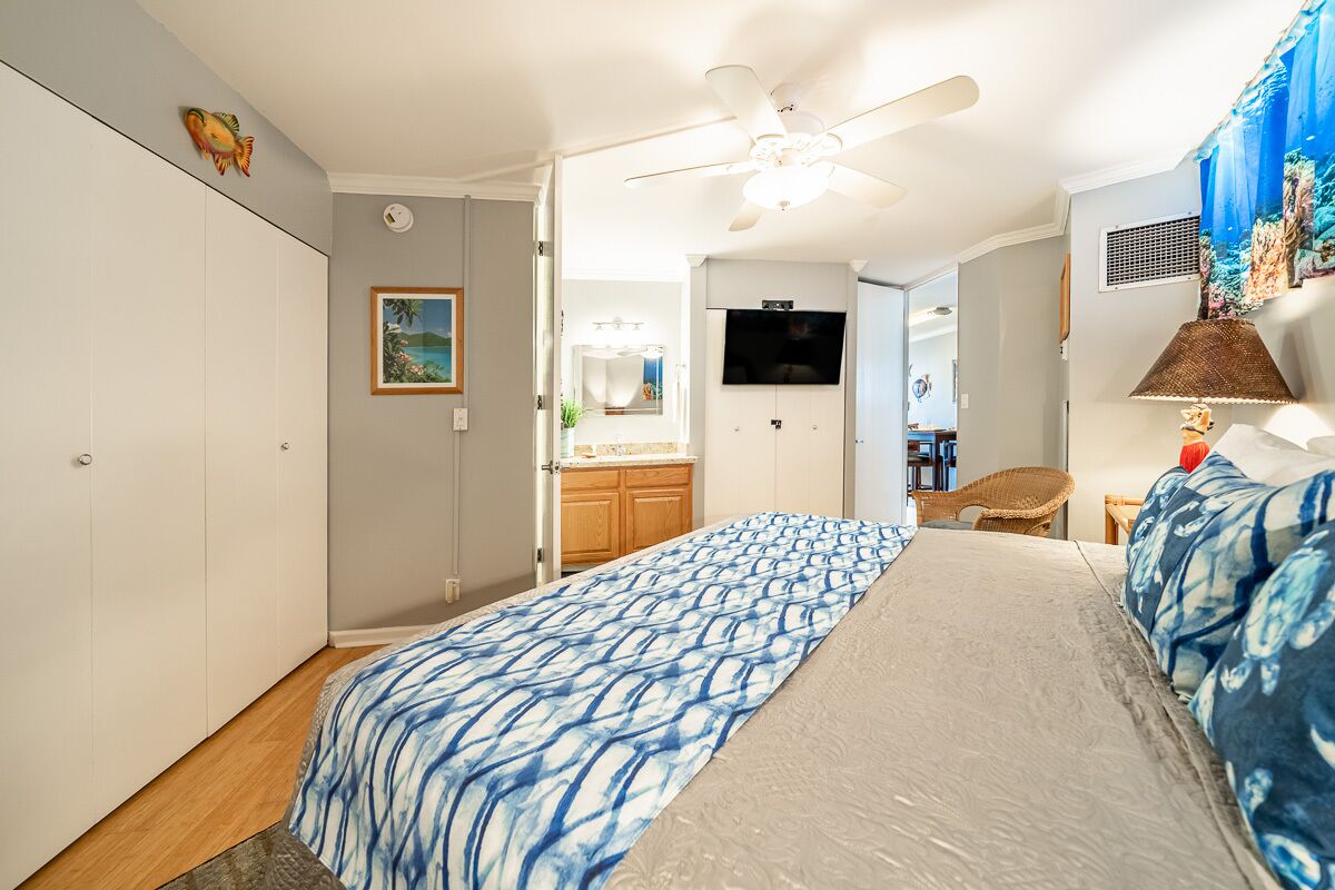 A bedroom with a bed, a ceiling fan, a TV, and a bathroom visible in the background.