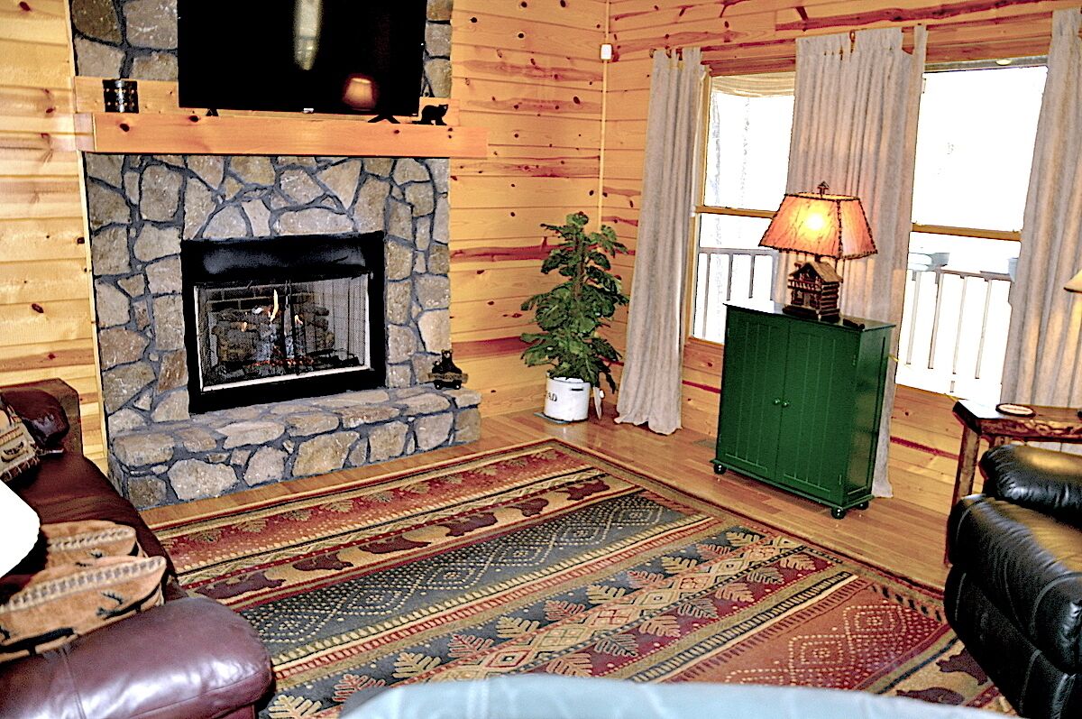 A cozy living room with a stone fireplace, a green cabinet, a leather sofa, and a patterned rug.