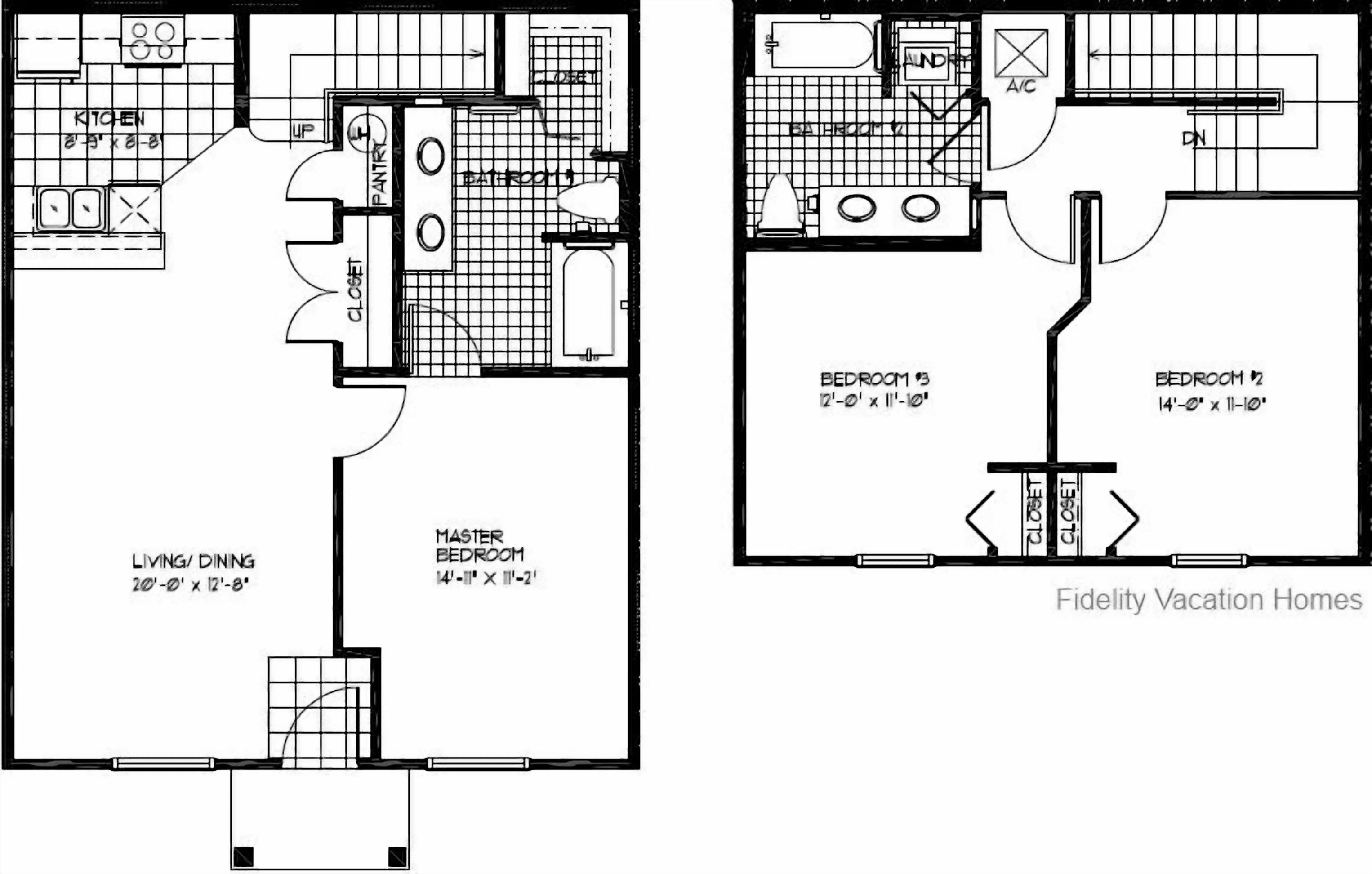 Two floor plans of a vacation home with a kitchen, master bedroom, living/dining area, and two bedrooms.