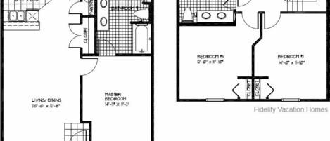 Two floor plans of a vacation home with a kitchen, master bedroom, living/dining area, and two bedrooms.