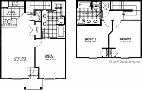 Two floor plans of a vacation home with a kitchen, master bedroom, living/dining area, and two bedrooms. - Lucaya 3 Bedroom 2 Bath First Floor Townhome (Kissimmee)