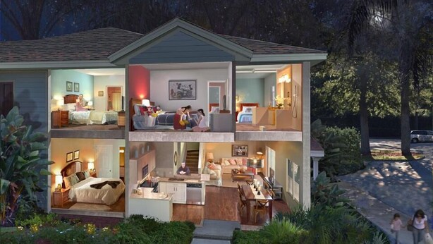 A two-story house with a balcony, a dining area, and a kitchen.