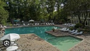 A swimming pool with sun loungers and umbrellas, surrounded by trees.