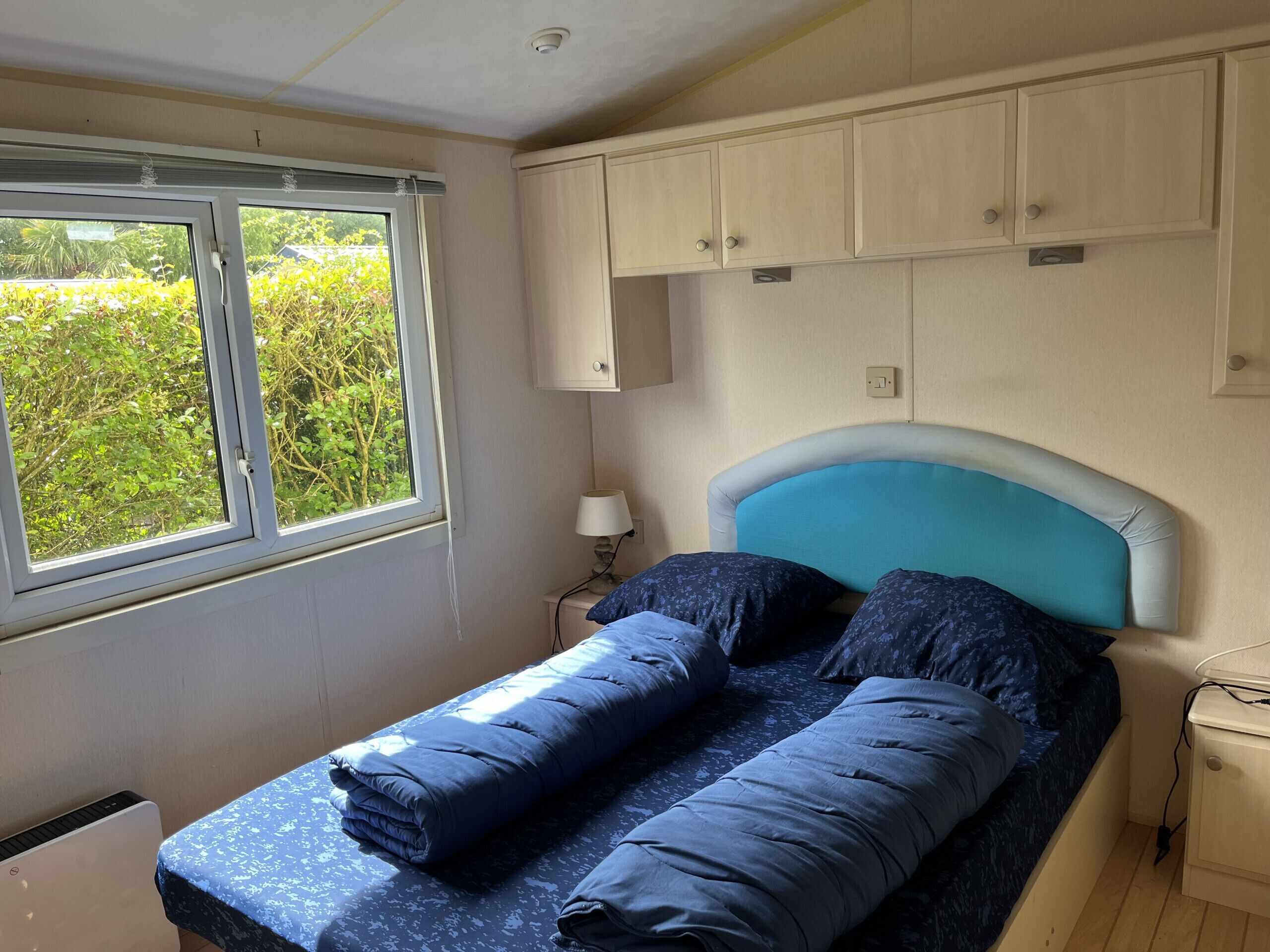 A single bed with a blue headboard and matching pillows, a bedside table with a lamp, a window with a view of greenery, and light-colored walls with a ceiling light.