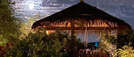 A thatched-roof structure with a garden in front, surrounded by dense foliage.