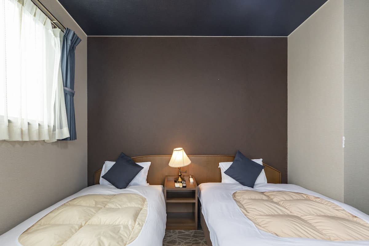 Habitació d'hotel amb dos llits individuals, una tauleta de nit amb una làmpada i una finestra amb cortines.