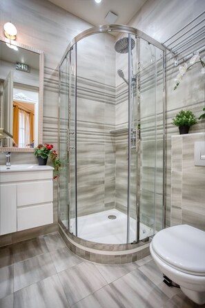 Shower, hair dryer, towels, soap