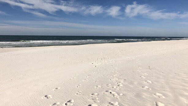 Ein Strand mit Fußspuren, die zum Wasser führen, ein klarer Himmel und Wellen, die an die Küste rollen.