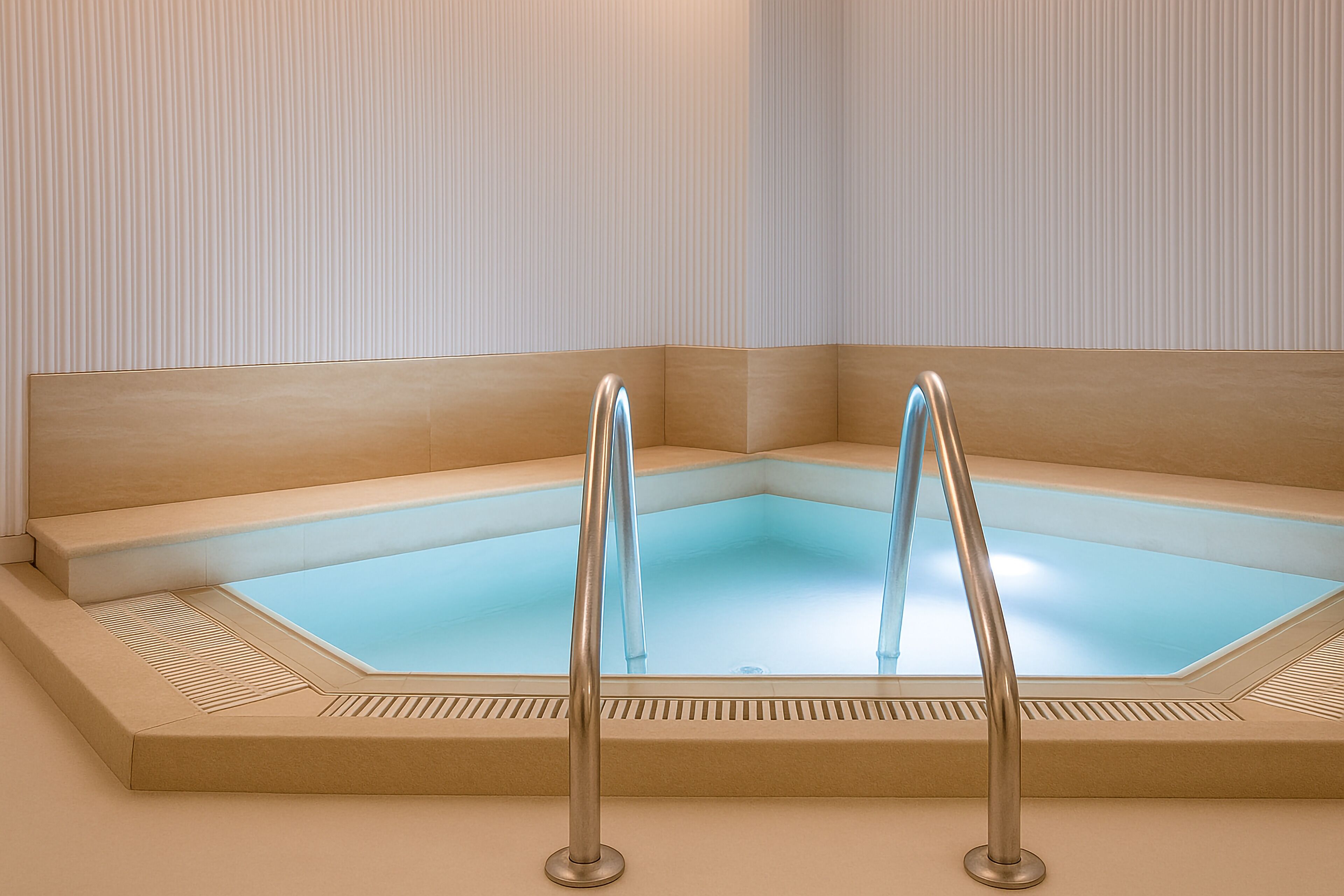 Jacuzzi de esquina con base de vidrio transparente, rodeado de paredes color beige y un banco de madera.