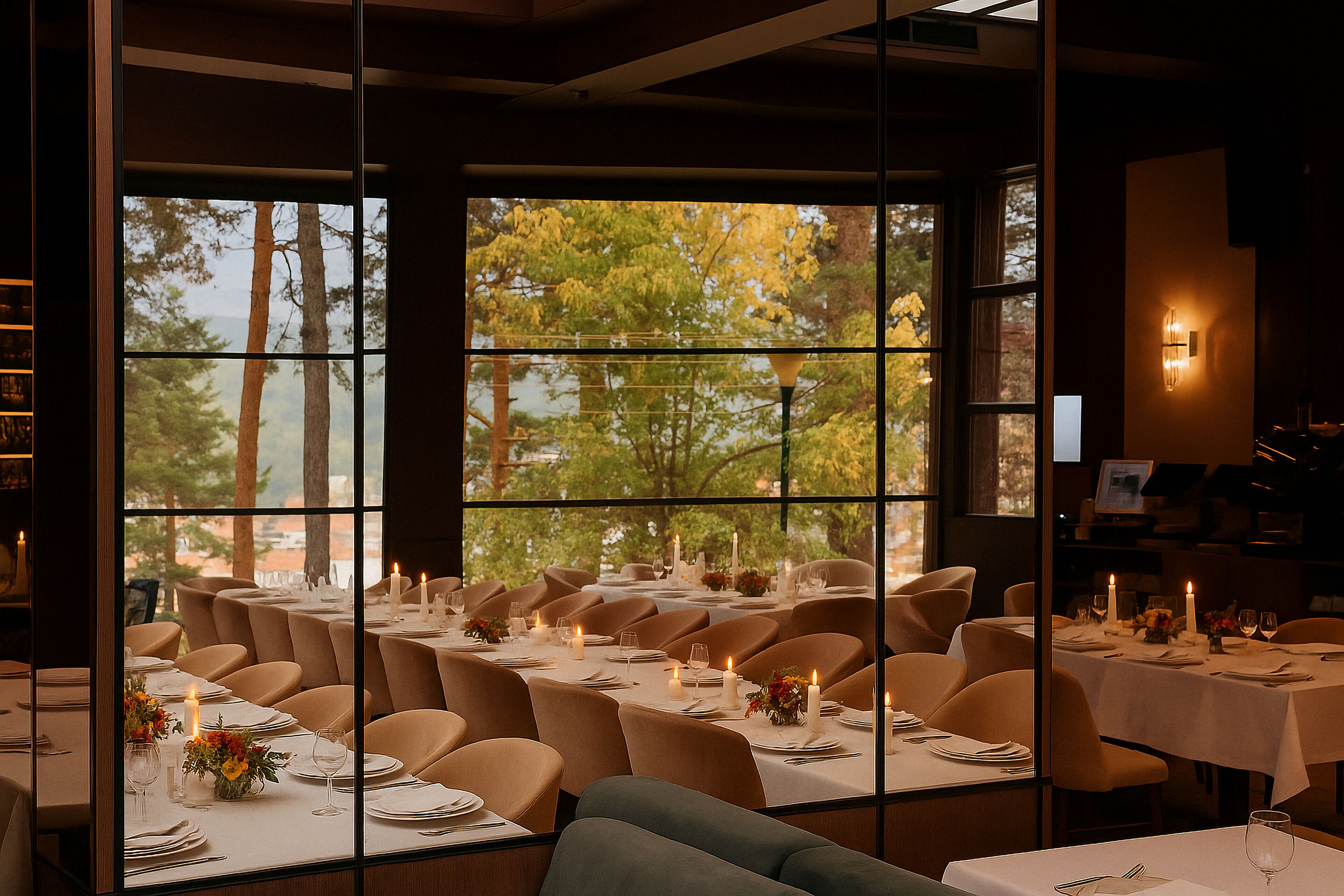 A restaurant with multiple tables set for dining, large windows offering a view of trees, and candlelit centerpieces.