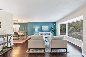 Smart TV, fireplace, books