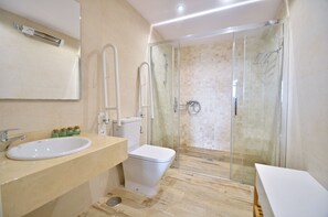Hair dryer, towels, soap, toilet paper