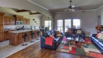 Smart TV, fireplace, video games, DVD player