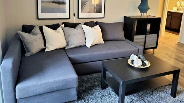 A modern living room with a grey sectional sofa, a black coffee table, and two framed pictures on the wall.